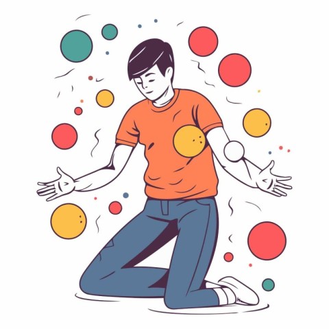 Vector illustration of a young man playing bowling. Line art sty