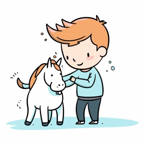 Little boy playing with a horse in cartoon style.