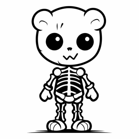 Black and White Cute Cartoon Skeleton Bear Character Vector Illu