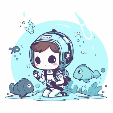 Cute little boy in space suit diving with fishes.