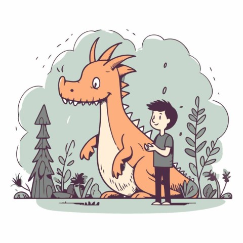 Vector illustration of a boy with a big dragon in the forest.