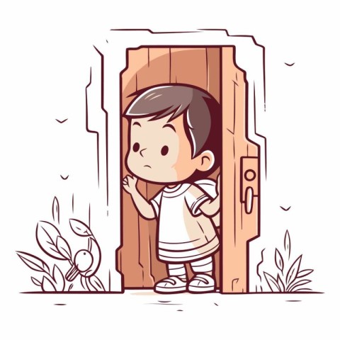 Little boy standing in front of the door. Vector cartoon illustr