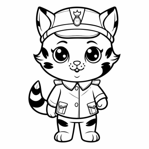 Cute cartoon cat in a police uniform on white background.