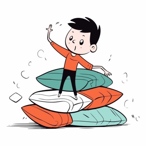 Man sitting on the stack of pillows. cartoon vector illustration