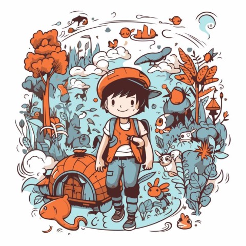 Vector illustration of a boy with a backpack and a turtle in a p