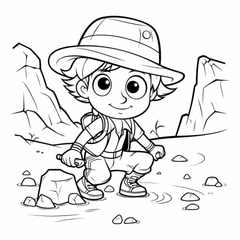 Coloring Page Outline Of a Cute Little Boy Hiking