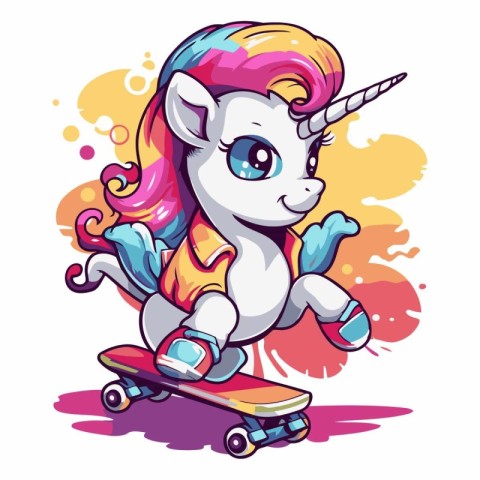 Cute cartoon unicorn rides on a skateboard.