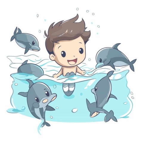 Illustration of a Kid Swimming with Diving Dolphins Around him