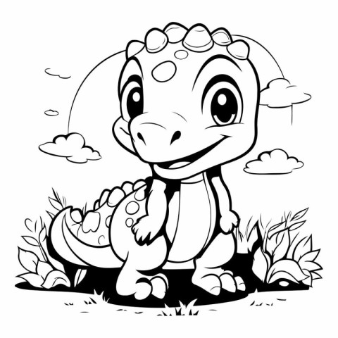 Black and White Cartoon Illustration of Cute Dinosaur Animal Cha