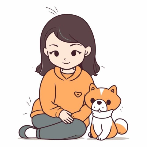 Cute girl sitting with her dog in cartoon style.