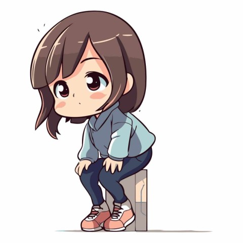 Cute little girl in casual clothes sitting on a wooden block.