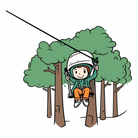 Little boy climbing on a rope in the forest.