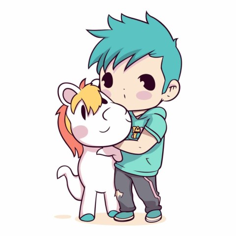 Little boy hugging a little cat of a cute cartoon character.