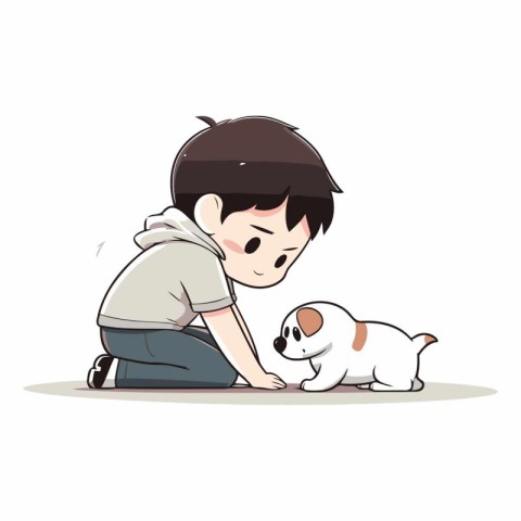 Little boy playing with his dog on white background.