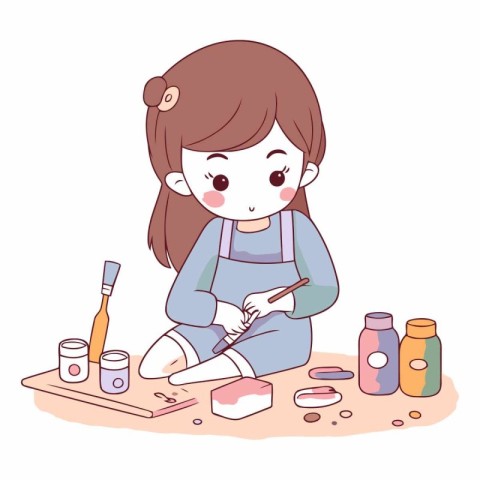 Illustration of a little girl doing her make-up at home