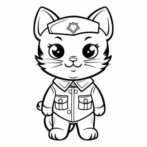 Black and White Cartoon Illustration of Cute Cat Captain Animal