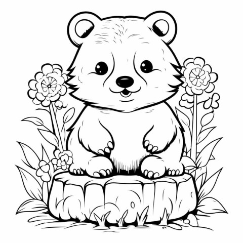 Coloring book for children: bear sitting on a stump with flowers