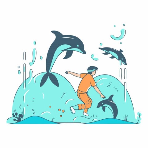 Vector illustration of a boy playing with dolphins in the sea. F