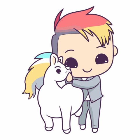 cute little boy with unicorn cartoon vector illustration graphic