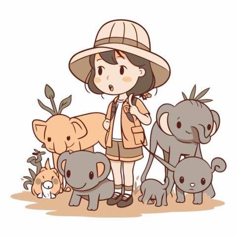 Illustration of a Little Girl and Her Mammal Animal Group.