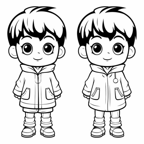 Cute boy and girl in winter clothes for coloring book.