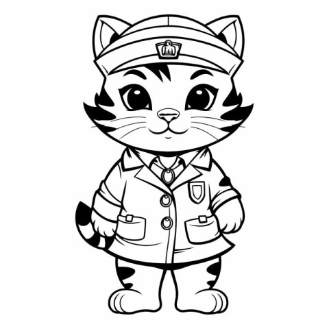 Black and White Cartoon Illustration of Cute Cat Sailor Captain