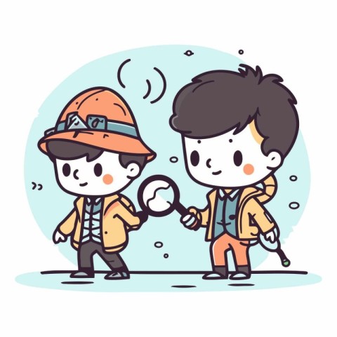 Two boys looking through a magnifying glass to find something.