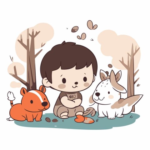 Cute little boy with animals in the forest.