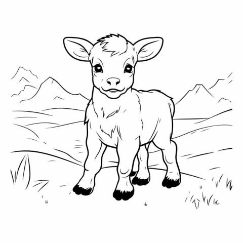 Vector image of a little calf on a background of mountains. Colo