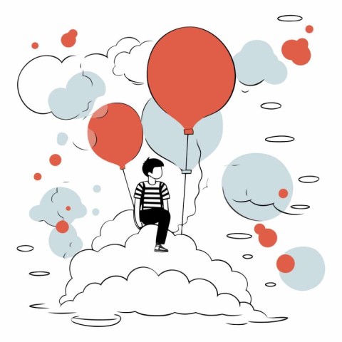 Man on a cloud with balloons. flat style.