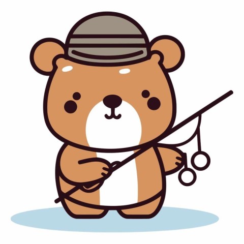 Cute cartoon bear with fishing rod on white background.