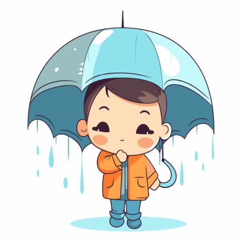 Cute little boy wearing raincoat and holding umbrella.