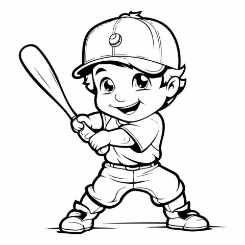 Baseball Player - Black and White Cartoon Illustration. Vector A