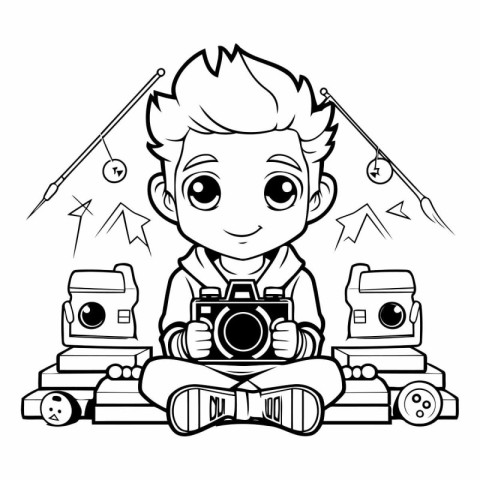 Black and White Cartoon Illustration of Kid Boy with Camera for