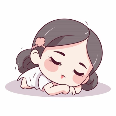 illustration of a cute little girl sleeping on the floor with he