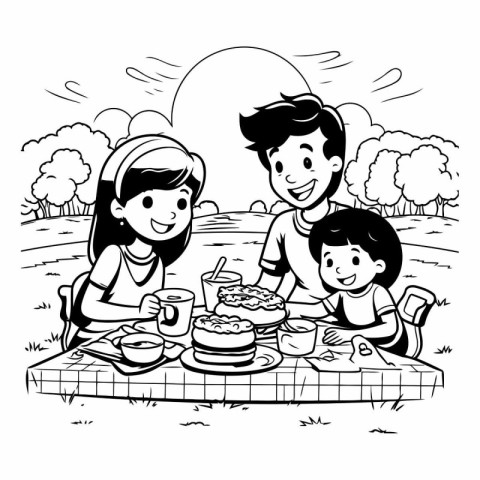 Family having picnic in the park. black and white vector illustr