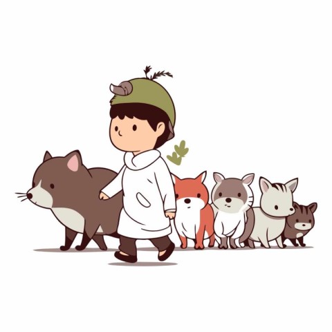 Cute cartoon little boy with pet animals on white background.