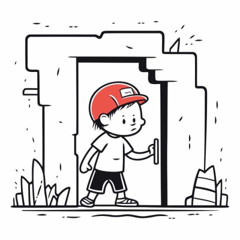 Hand drawn doodle of a boy in a red cap at the entrance to the b