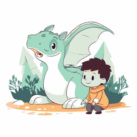 Cute little boy playing with dinosaur in cartoon style.