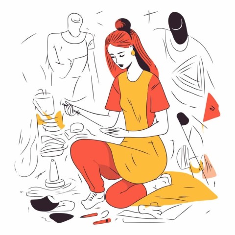 Fashion designer working in her studio. Hand drawn vector illust