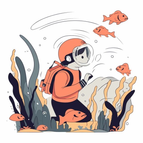 Cute scuba diver and fish in the sea.