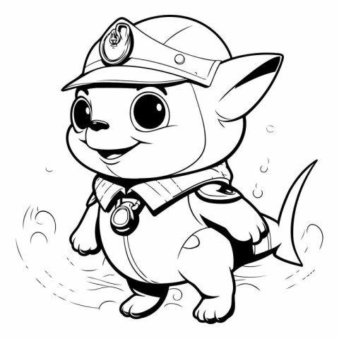 Black and White Cartoon Illustration of Cute Little Puppy Pirate