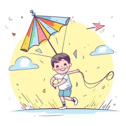 Cute happy boy playing with a kite.