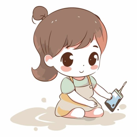 Cute little girl using a drill of cartoon character.