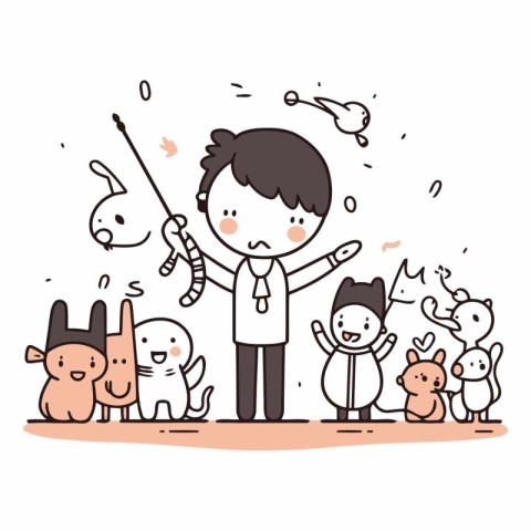 Vector illustration of a boy and a group of cute cartoon animals