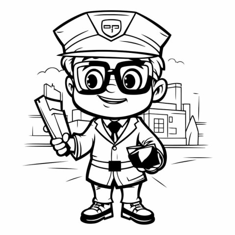 Black and White Cartoon Illustration of Kid Police Officer or Po