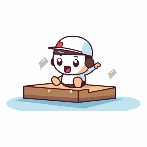 Vector illustration of a cute cartoon boy sitting on a wooden bo