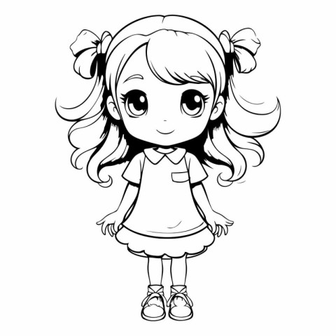 Cute little girl cartoon in black and white vector illustration