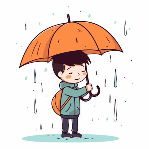 Cute little boy with umbrella in rainy weather.