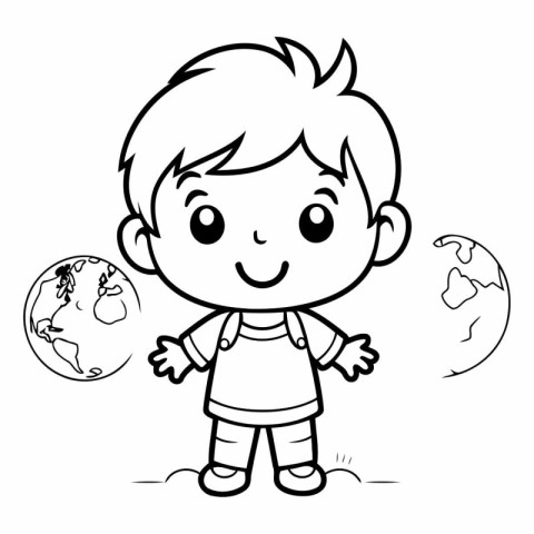 Black and White Cartoon Illustration of Cute Kid Boy with Earth